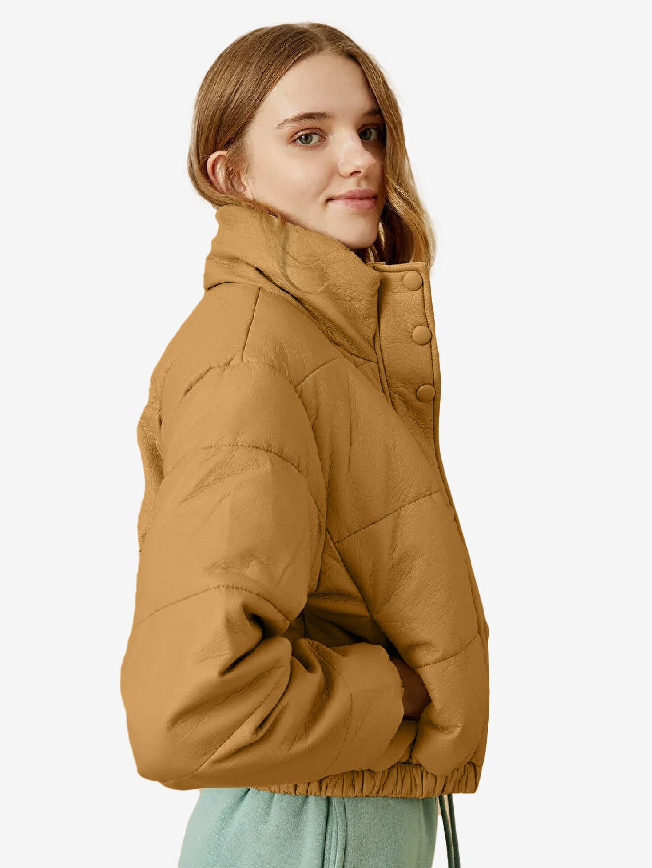 Cozy Zip Up Faux Leather Puffer Jacket