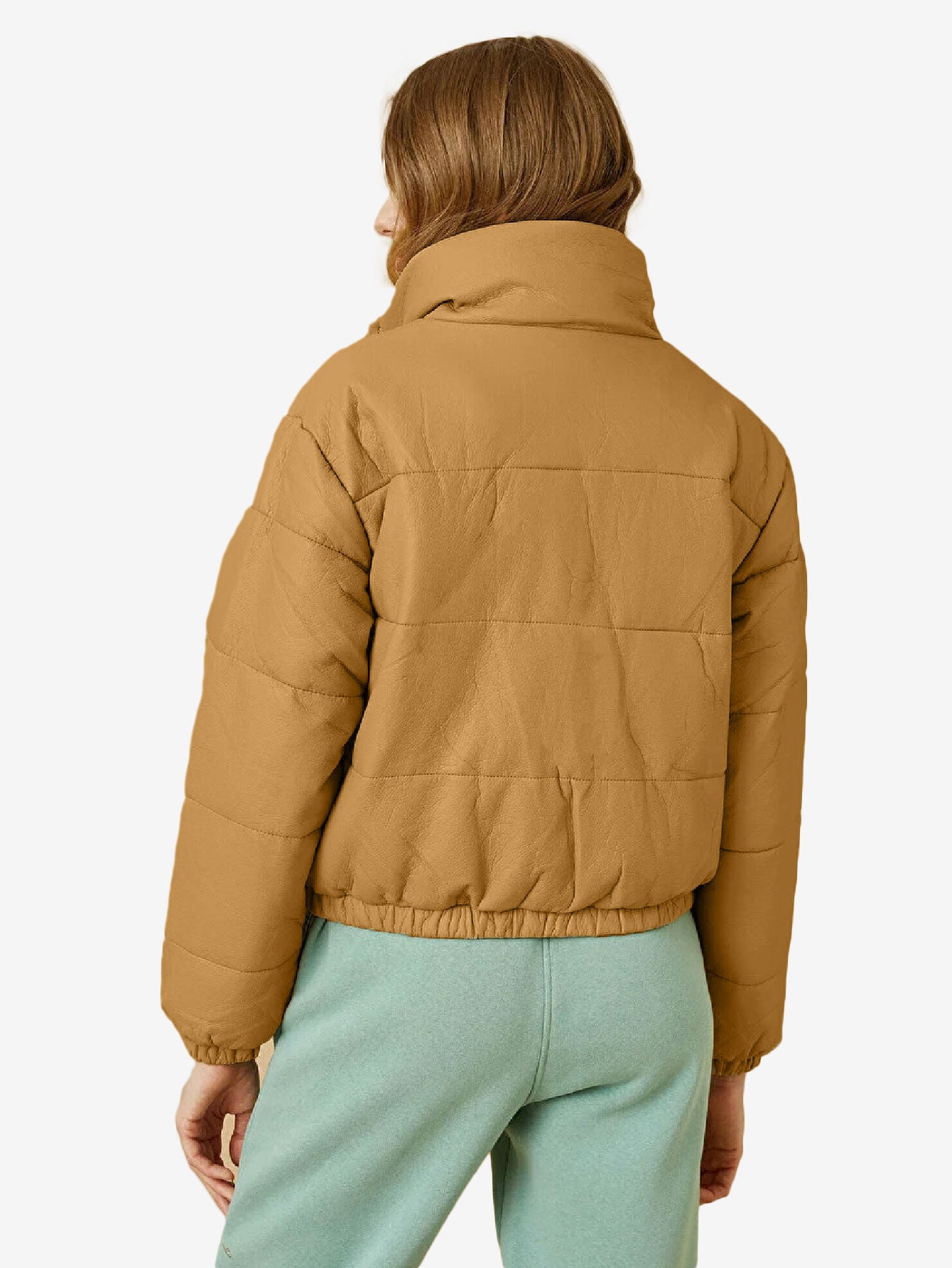 Cozy Zip Up Faux Leather Puffer Jacket