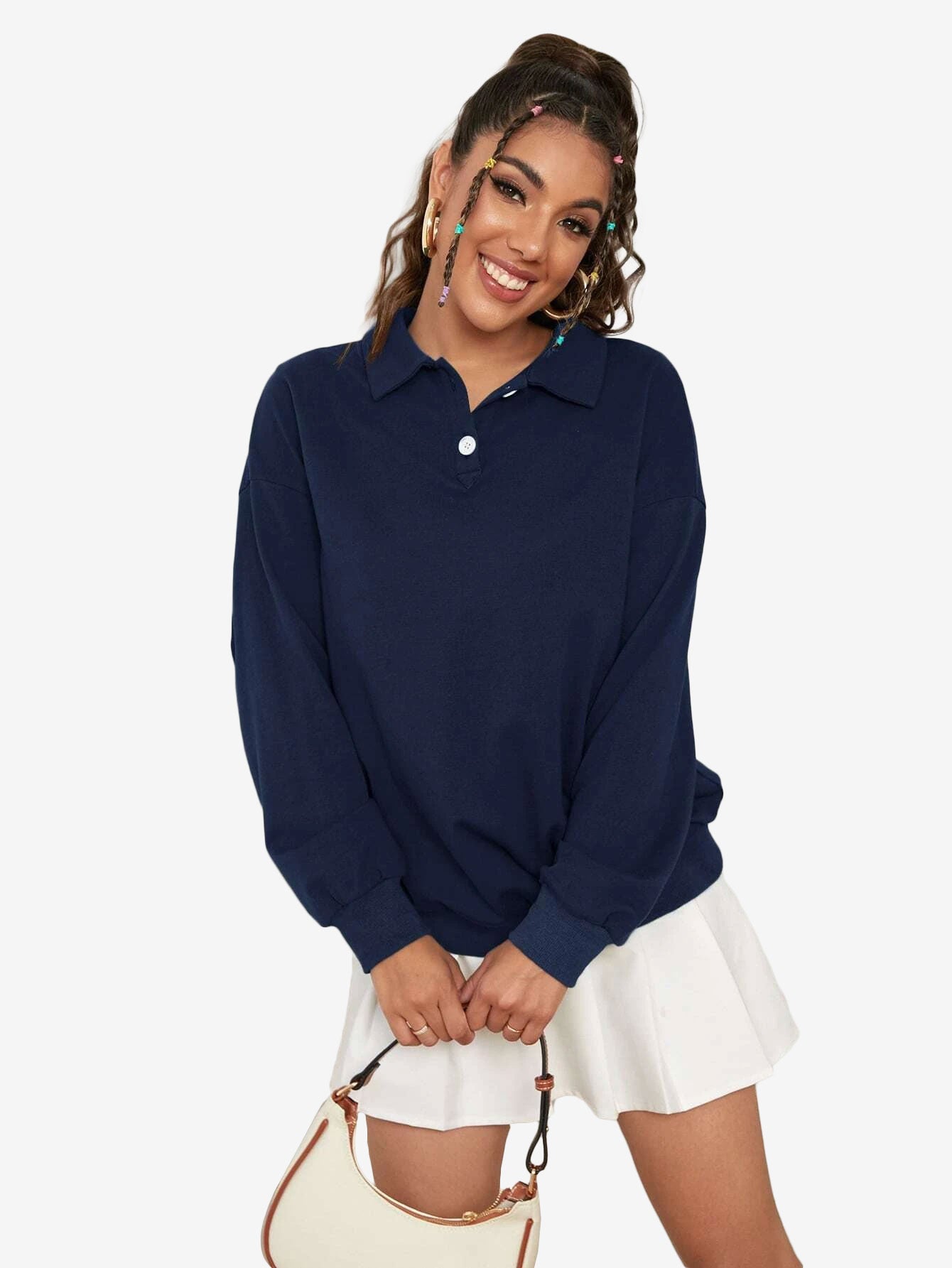 Collar Sweatshirt Long Sleeve Polo Two Buttons