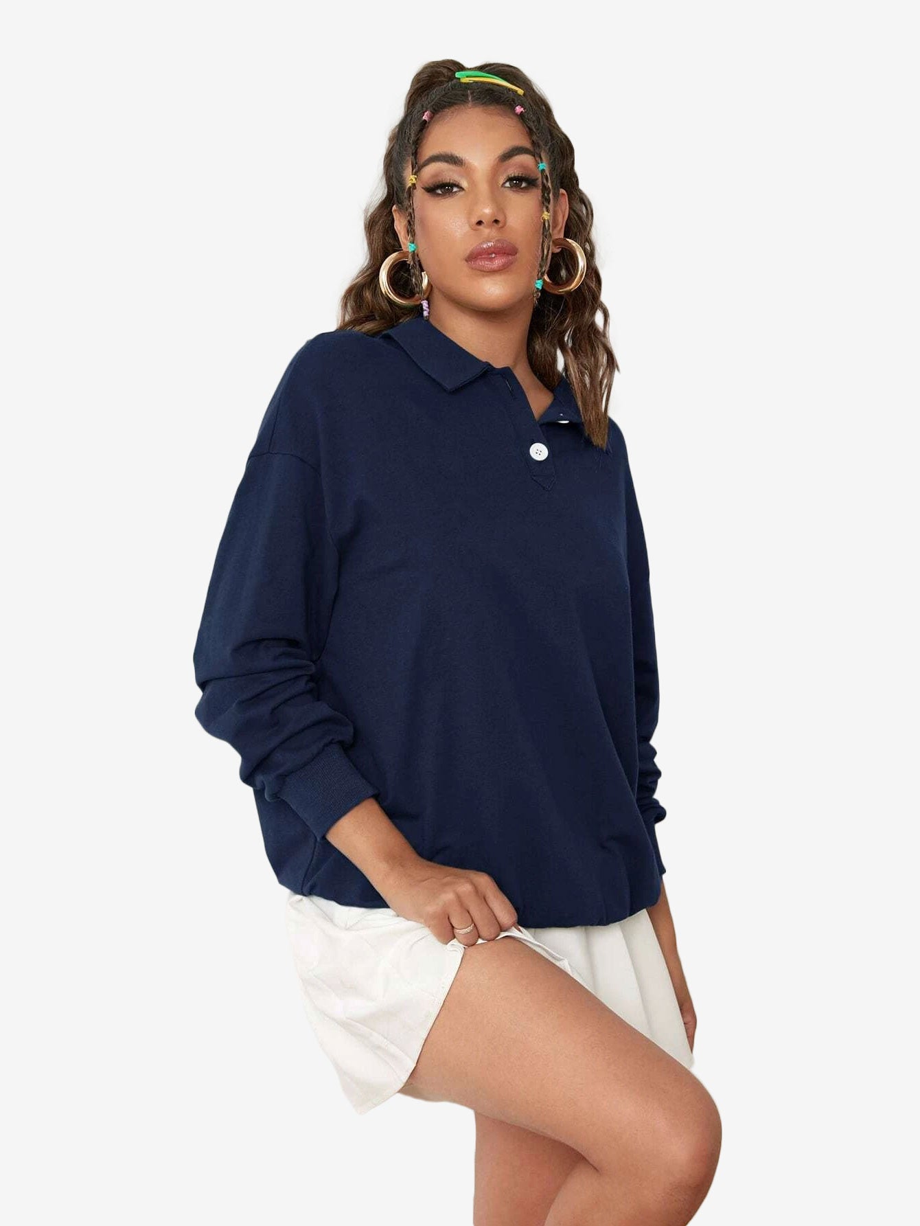 Collar Sweatshirt Long Sleeve Polo Two Buttons