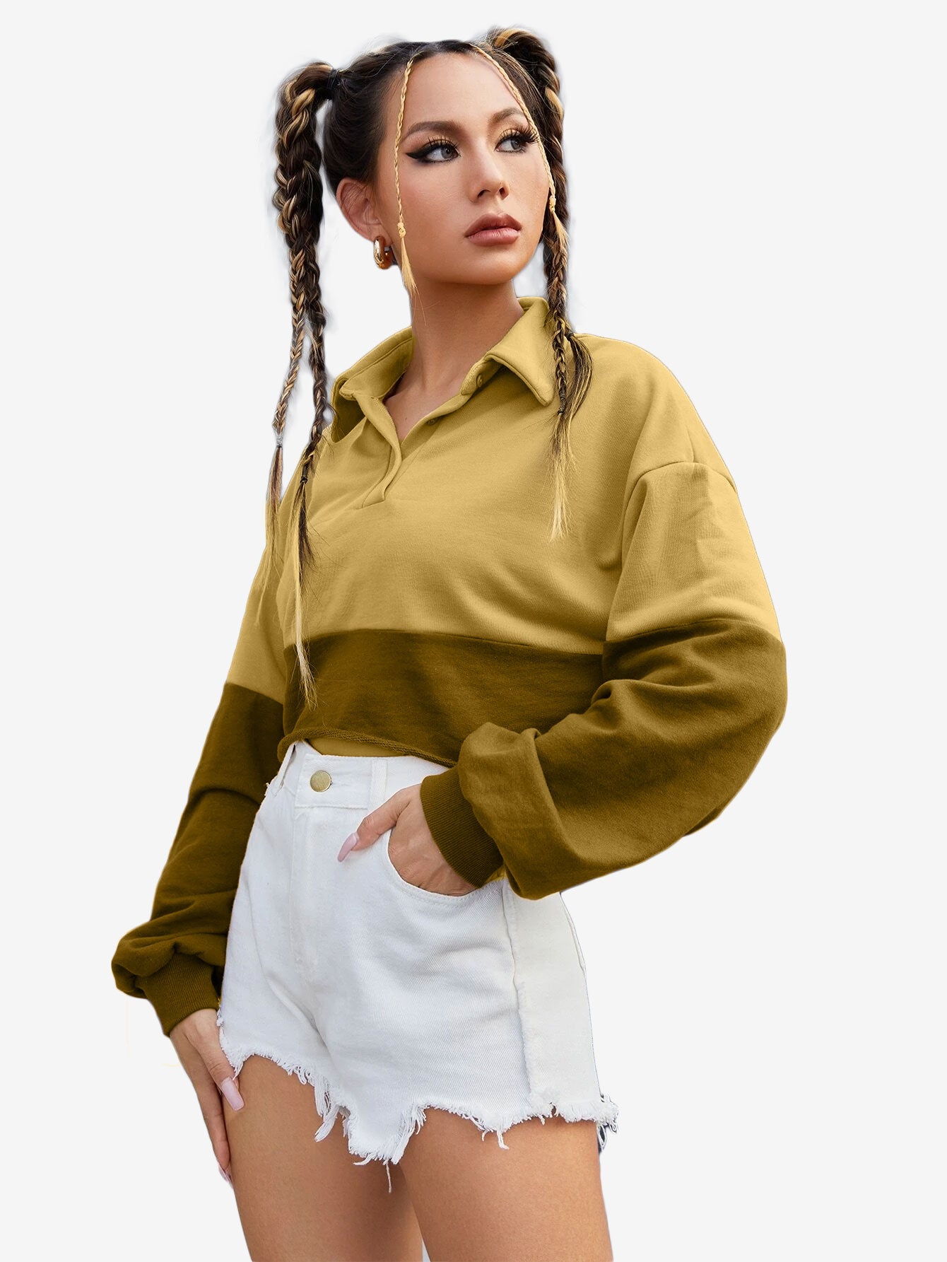 Color Block Sportswear Rough Front Button Crop Sweatshirt