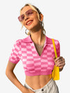 Color Block Knitted Polo Top Plaid