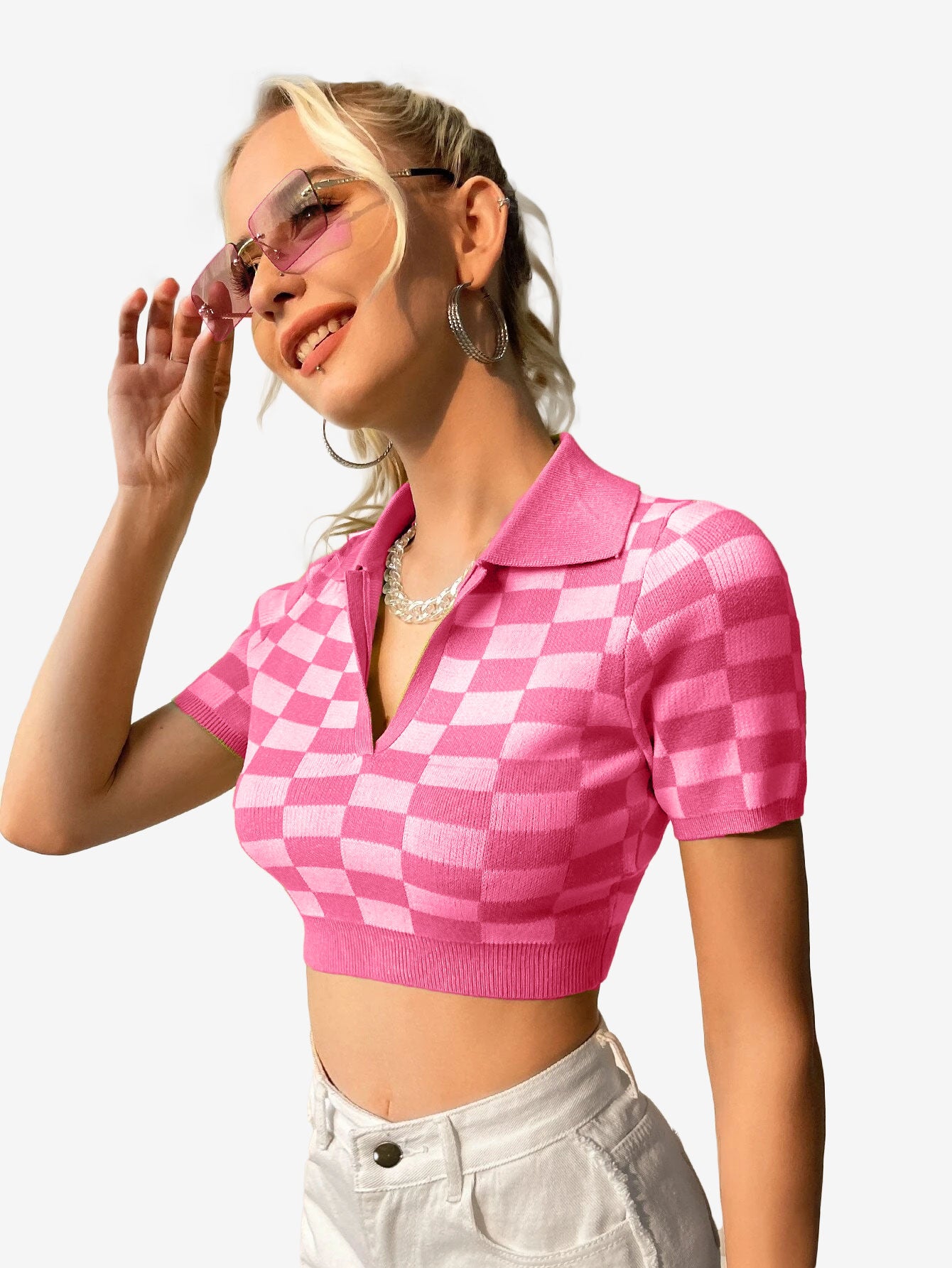 Color Block Knitted Polo Top Plaid