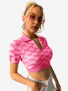 Color Block Knitted Polo Top Plaid