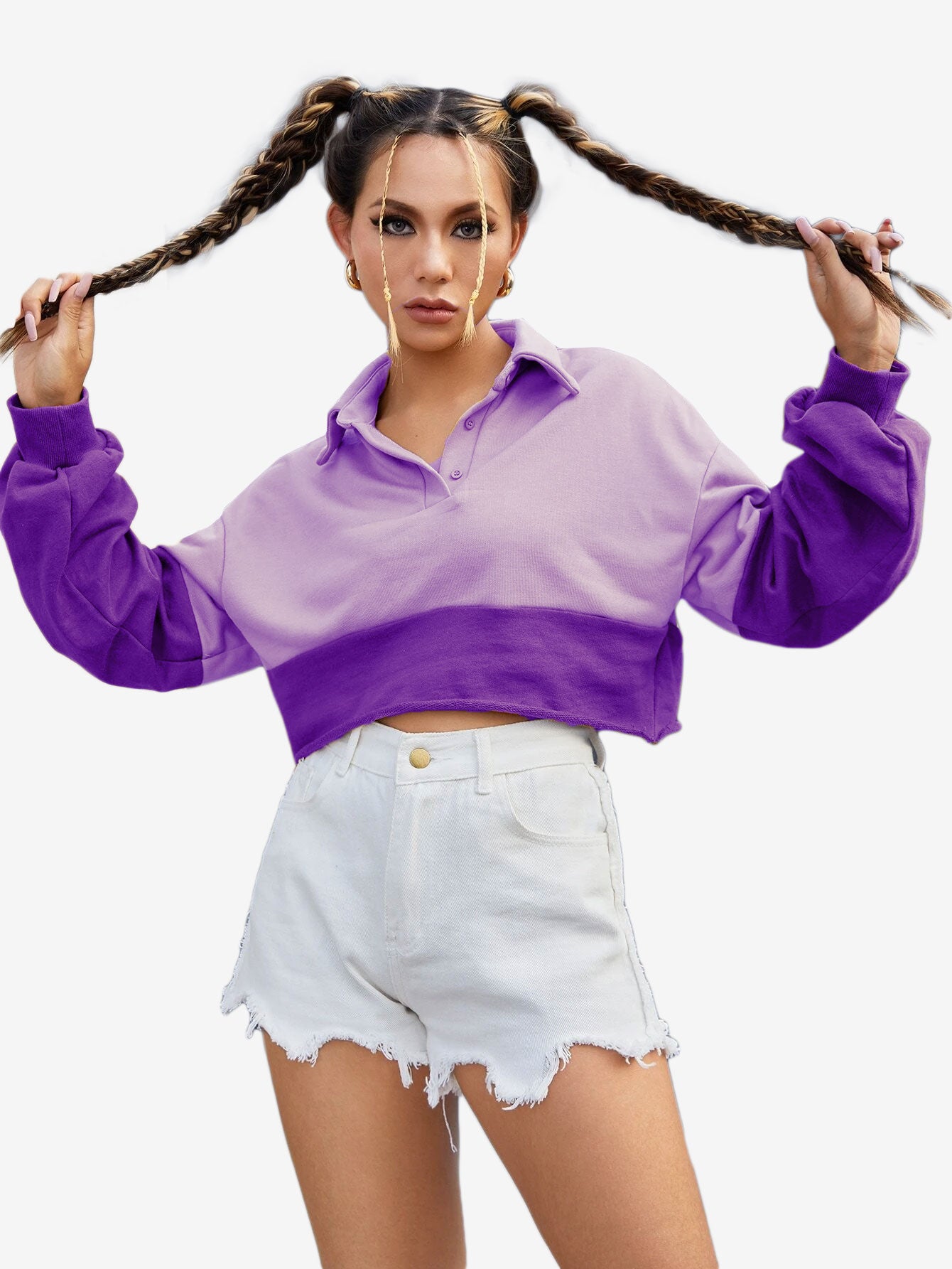 Color Block Sportswear Rough Front Button Crop Sweatshirt