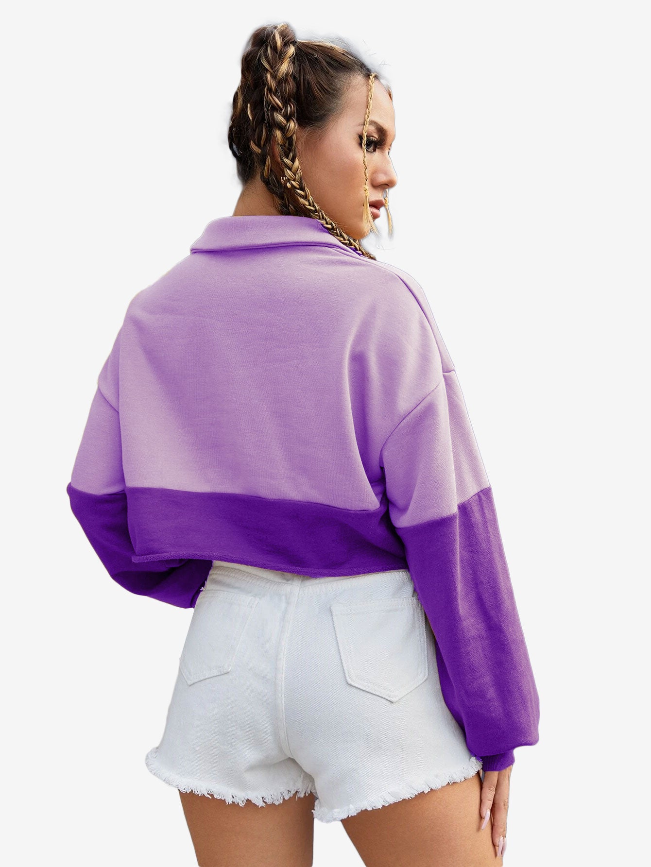Color Block Sportswear Rough Front Button Crop Sweatshirt