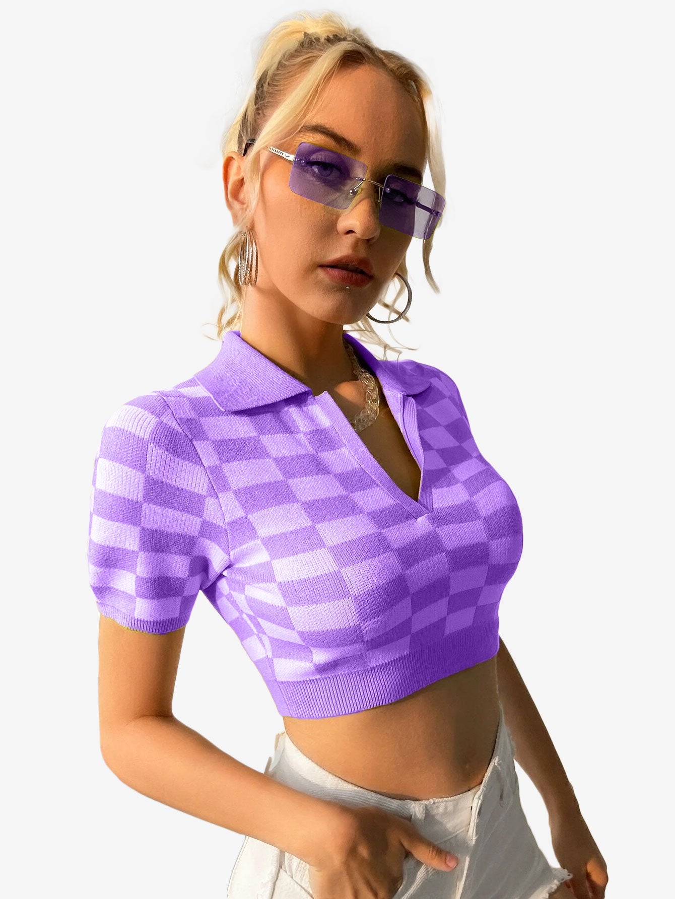 Color Block Knitted Polo Top Plaid