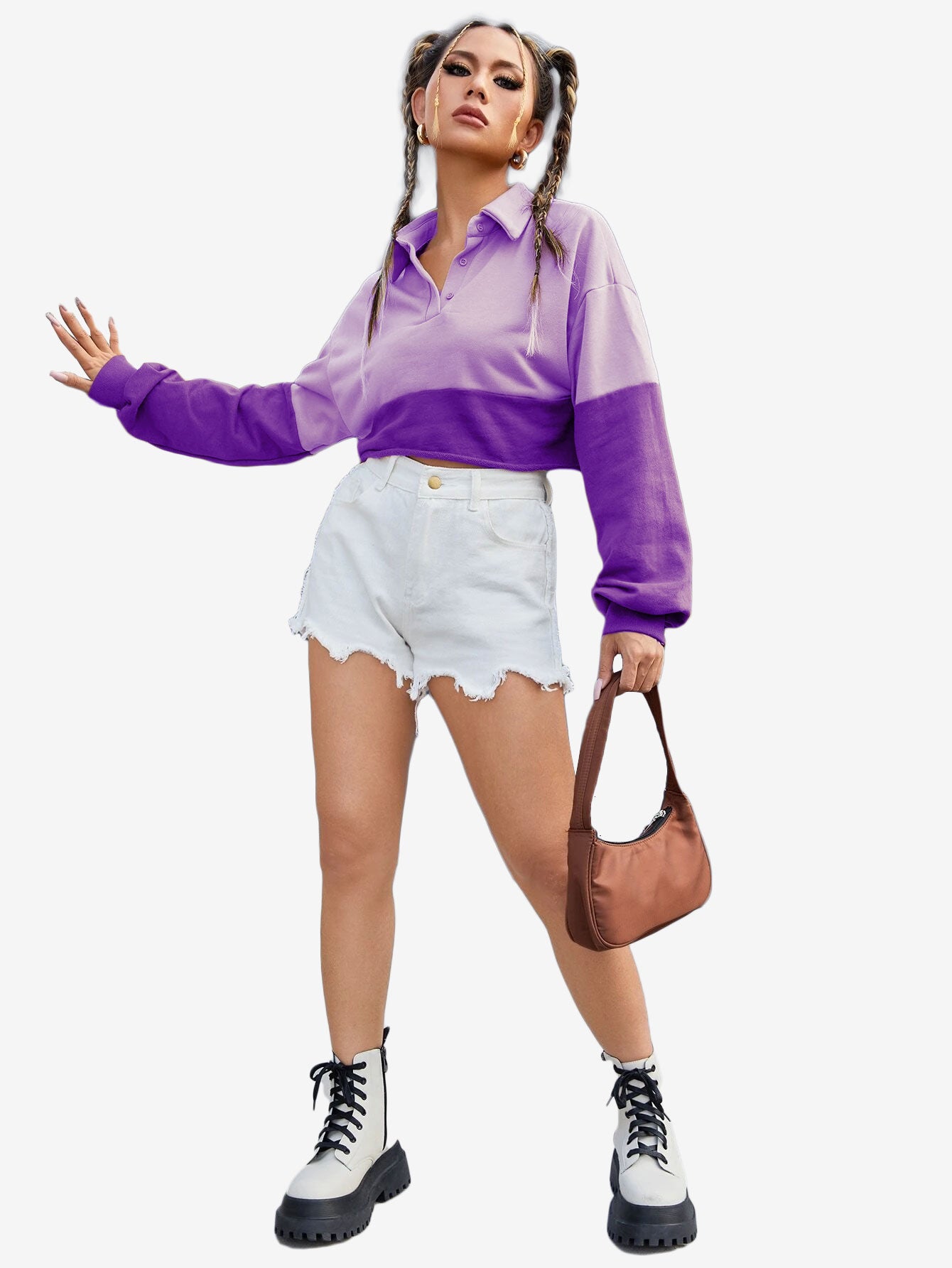 Color Block Sportswear Rough Front Button Crop Sweatshirt