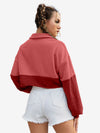 Color Block Sportswear Rough Front Button Crop Sweatshirt