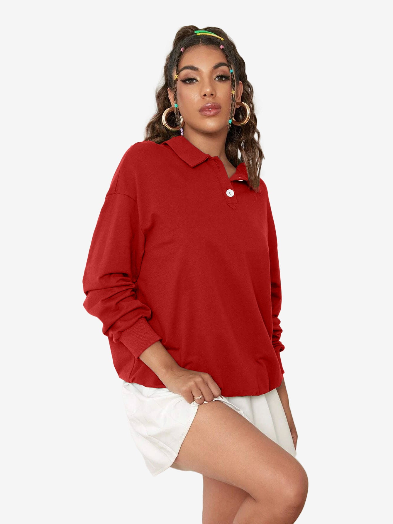 Collar Sweatshirt Long Sleeve Polo Two Buttons