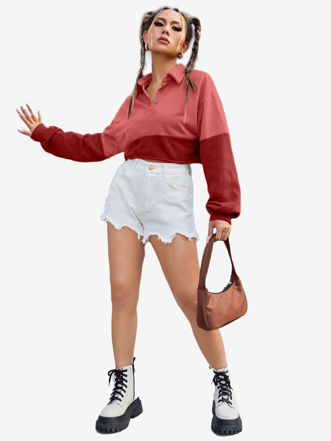 Color Block Sportswear Rough Front Button Crop Sweatshirt