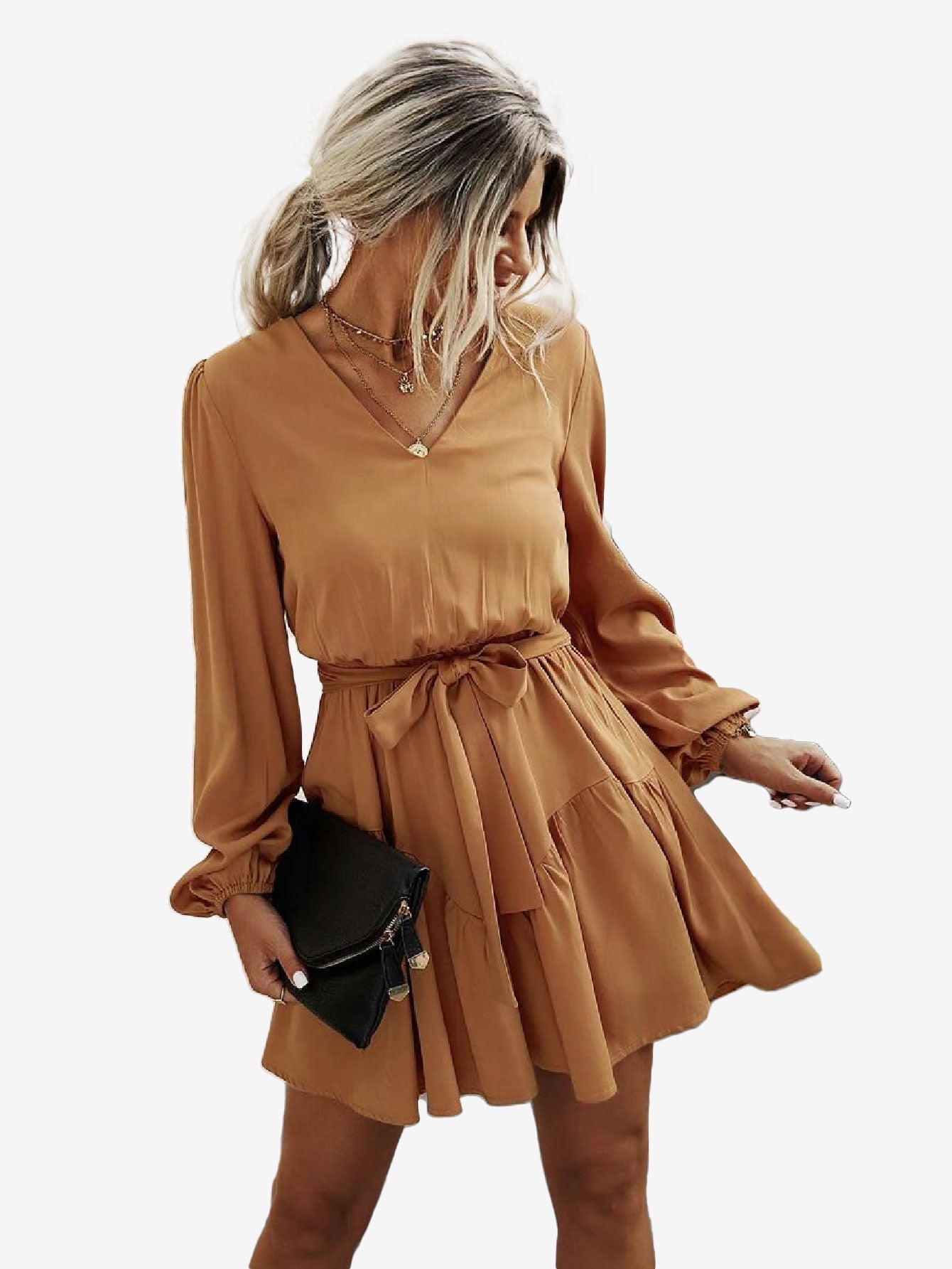 Charming V-Neck Lantern Sleeve Belted Dress