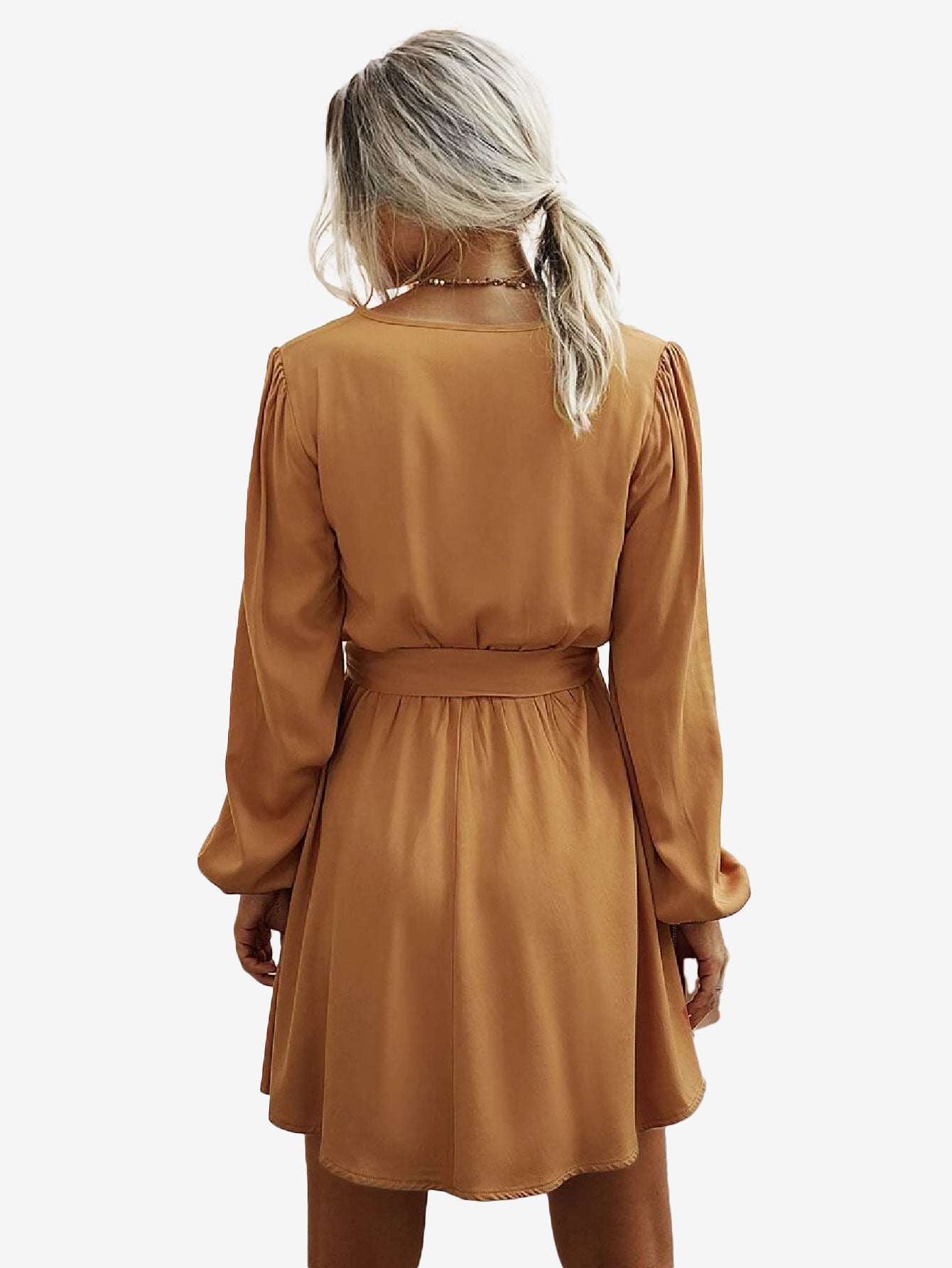 Charming V-Neck Lantern Sleeve Belted Dress