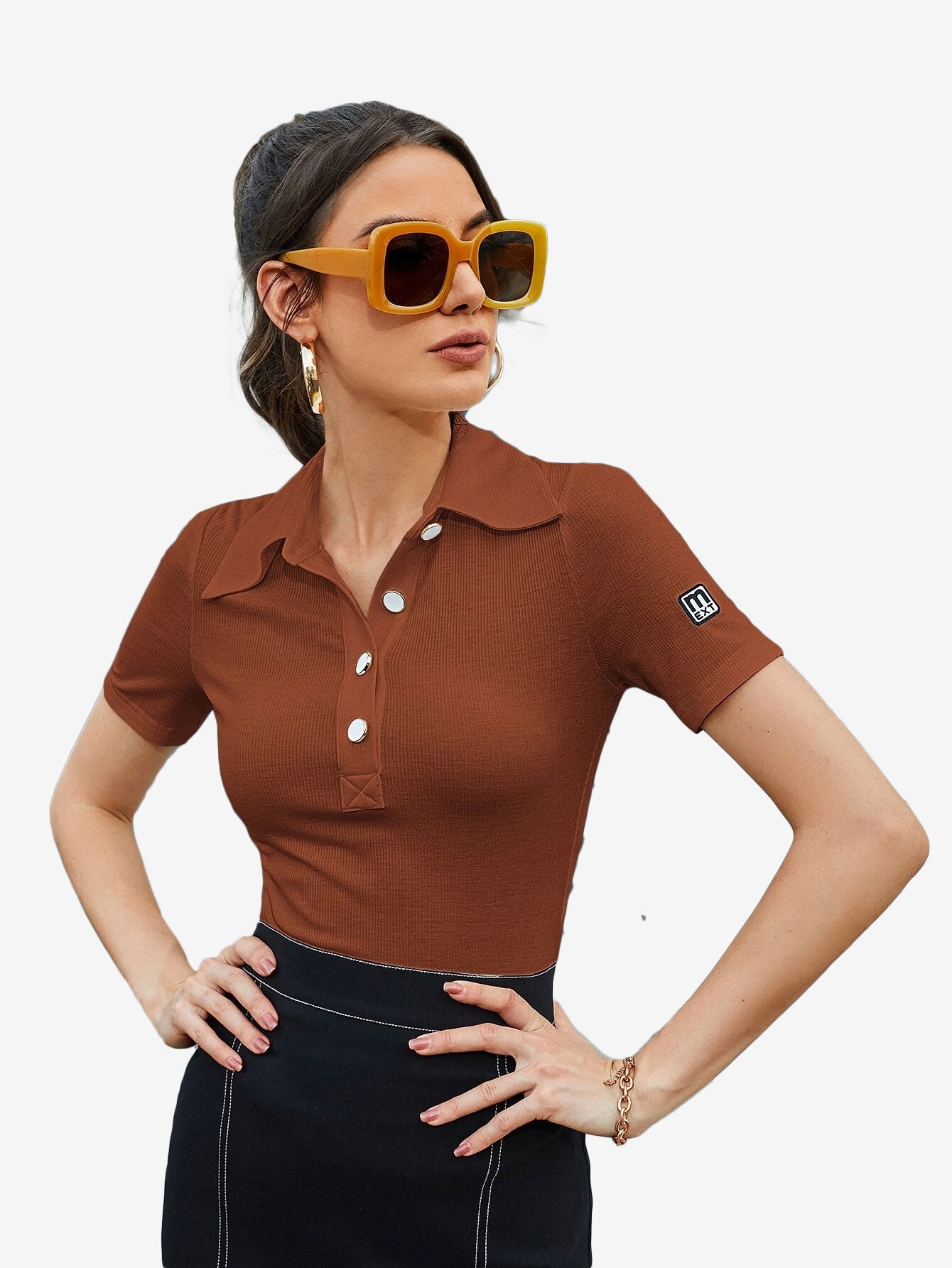 Basic Patched Detail Half Button Tee