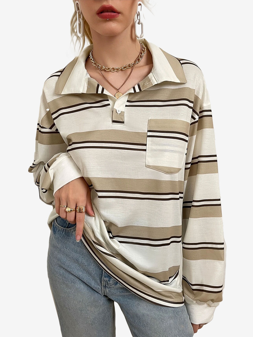 Bubblegum Striped Pocket Patched Drop Shoulder Sweatshirt
