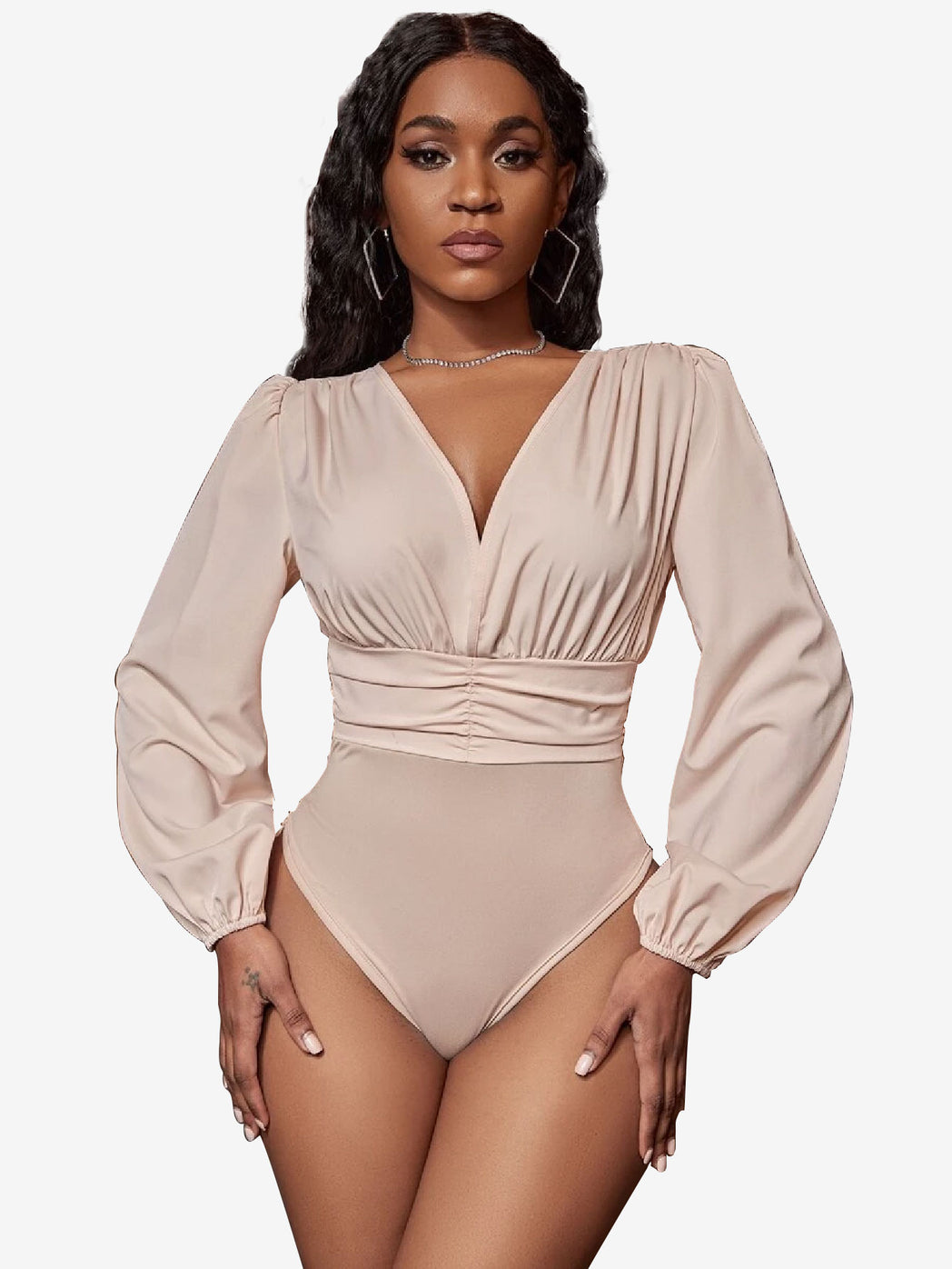 Charming Lantern Sleeve Ruched Bodysuit