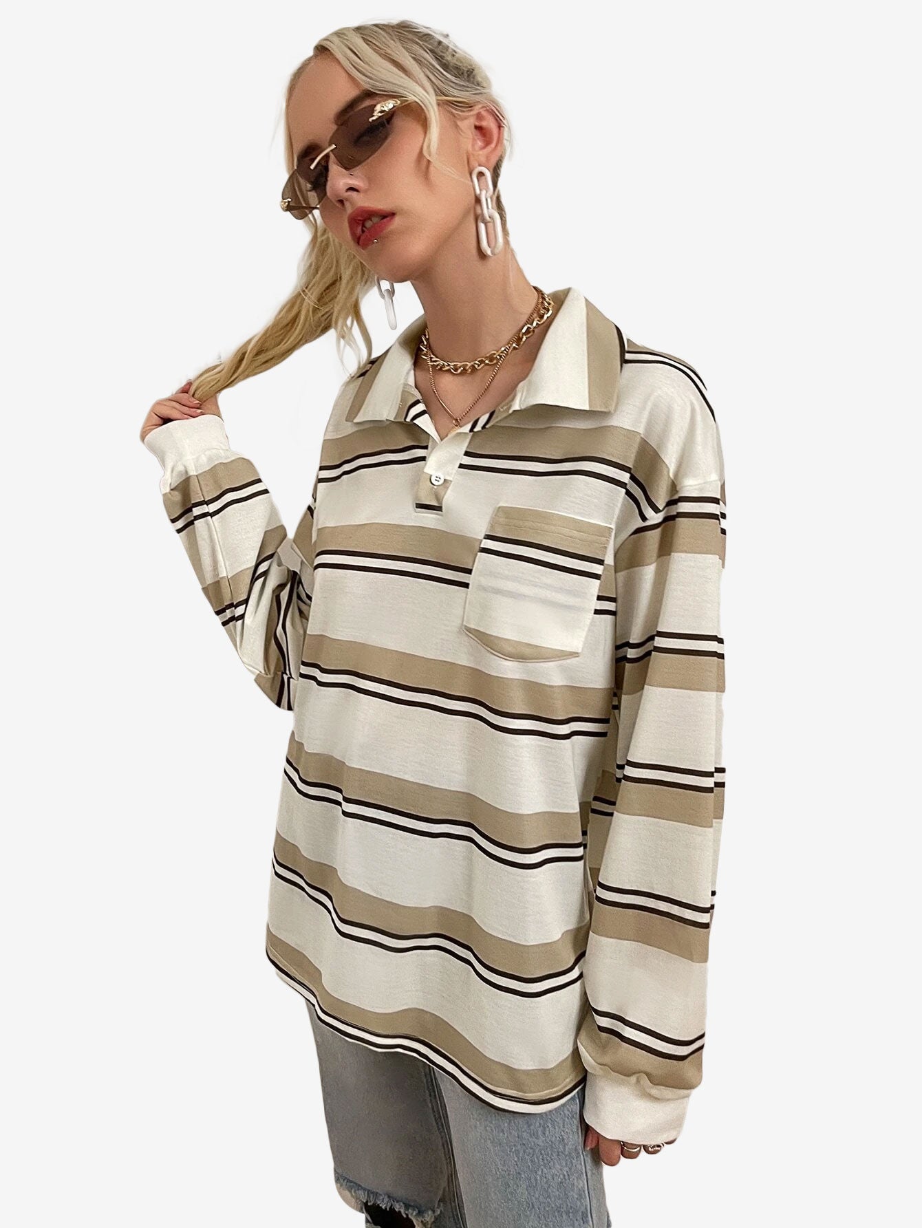 Bubblegum Striped Pocket Patched Drop Shoulder Sweatshirt