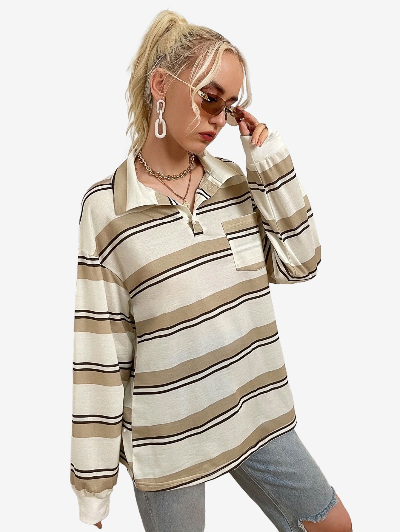Bubblegum Striped Pocket Patched Drop Shoulder Sweatshirt