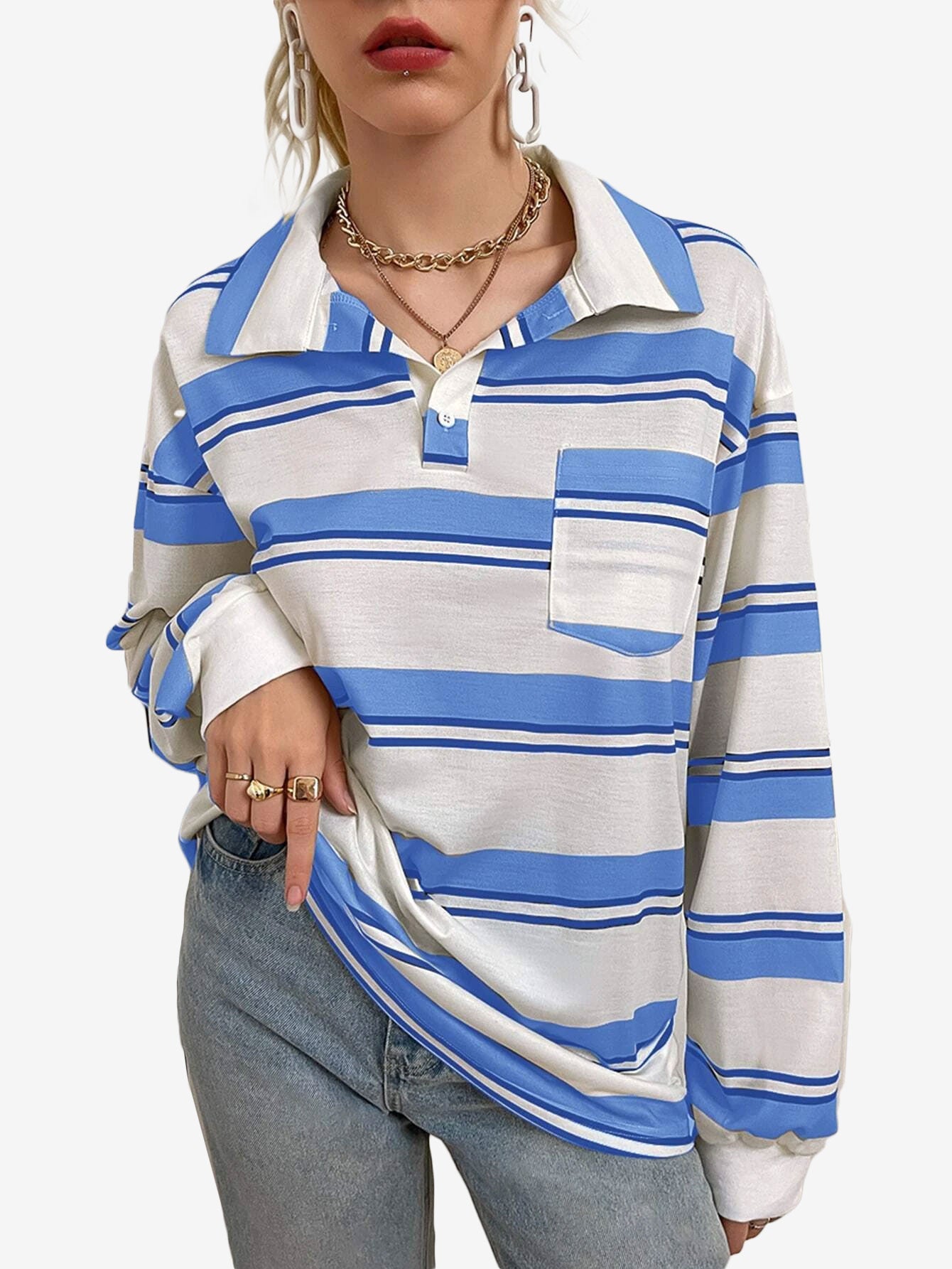 Bubblegum Striped Pocket Patched Drop Shoulder Sweatshirt