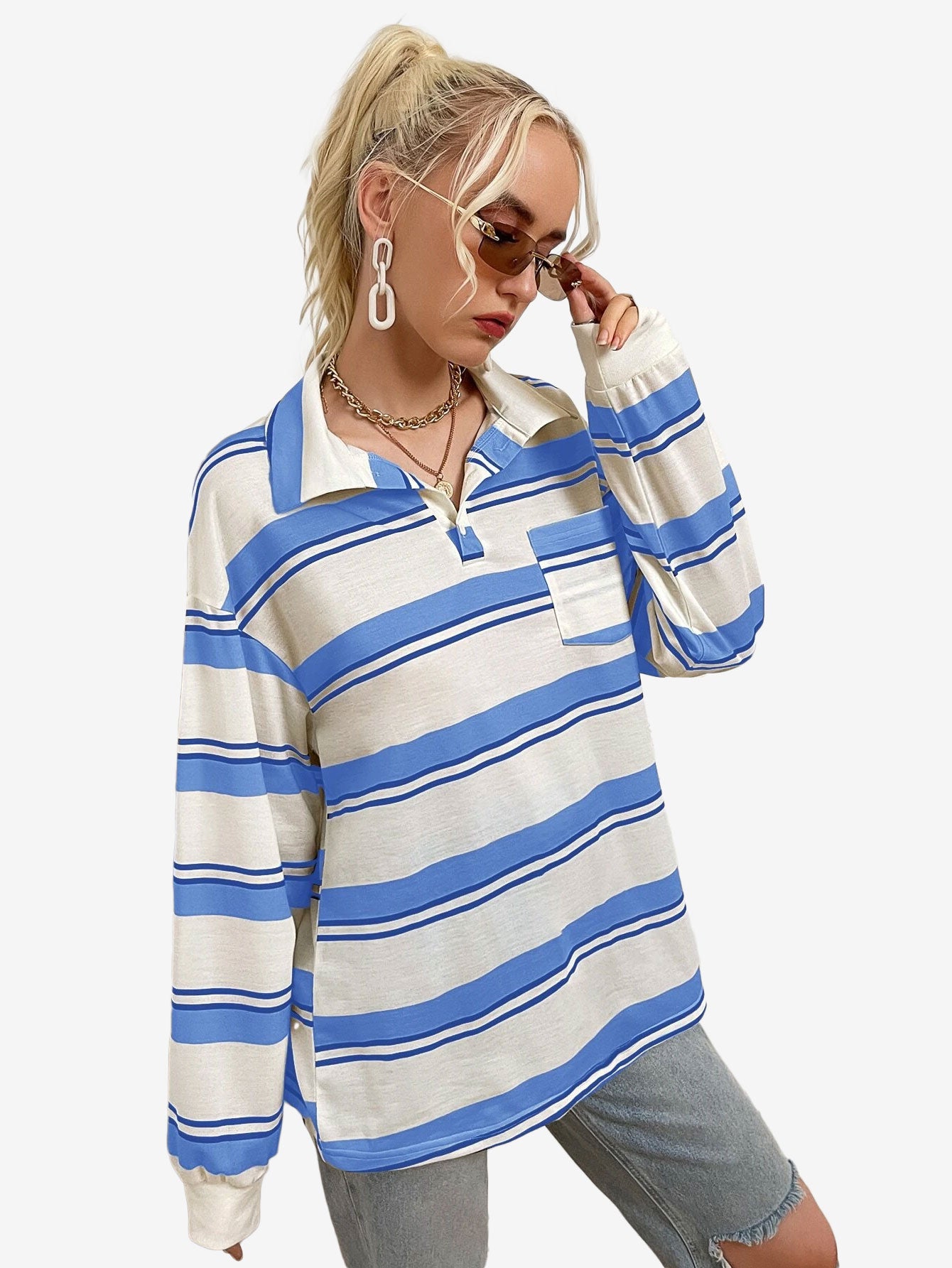 Bubblegum Striped Pocket Patched Drop Shoulder Sweatshirt