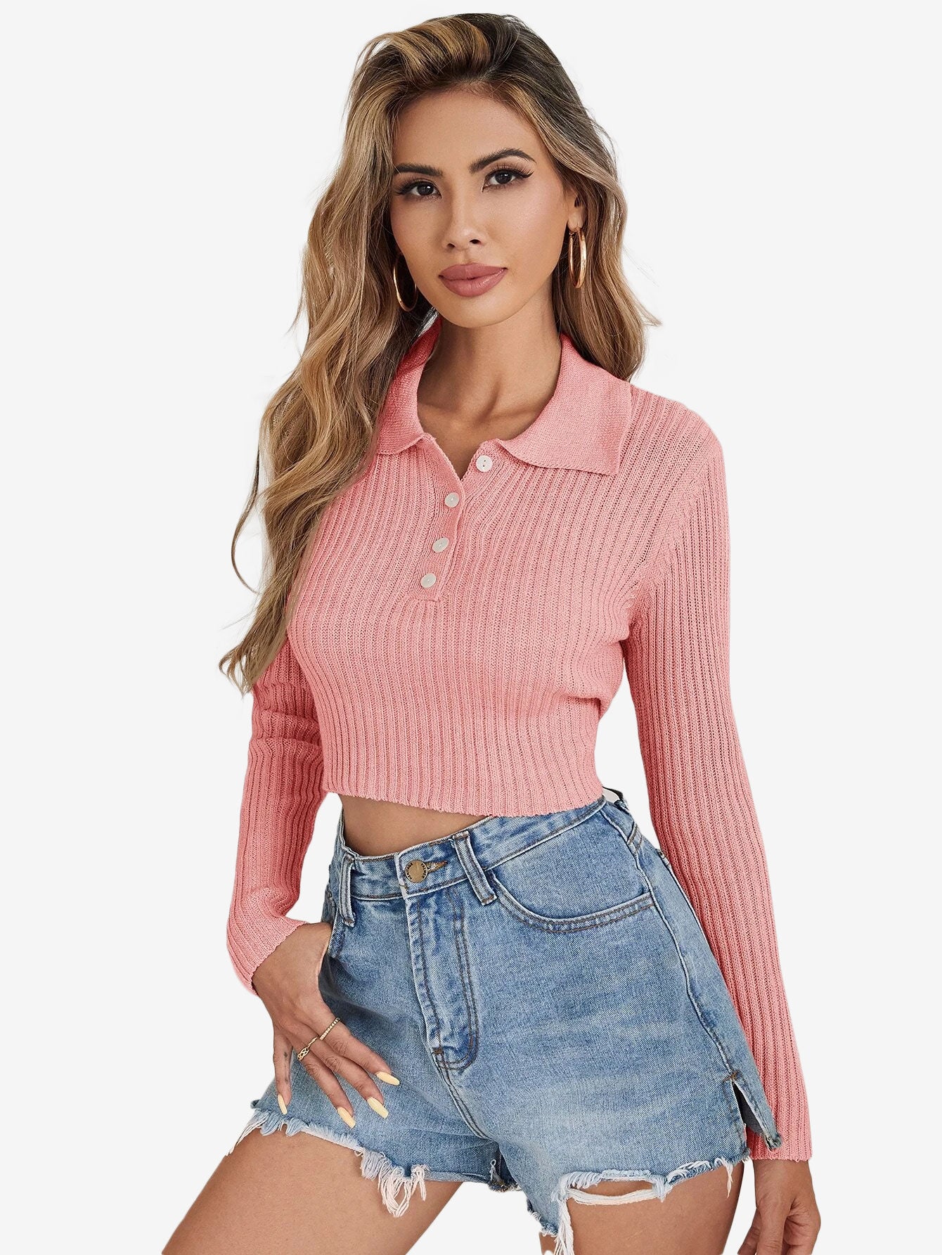 Button Half Placket Ribbed Knit Crop Sweater