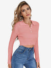 Button Half Placket Ribbed Knit Crop Sweater
