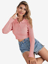 Button Half Placket Ribbed Knit Crop Sweater