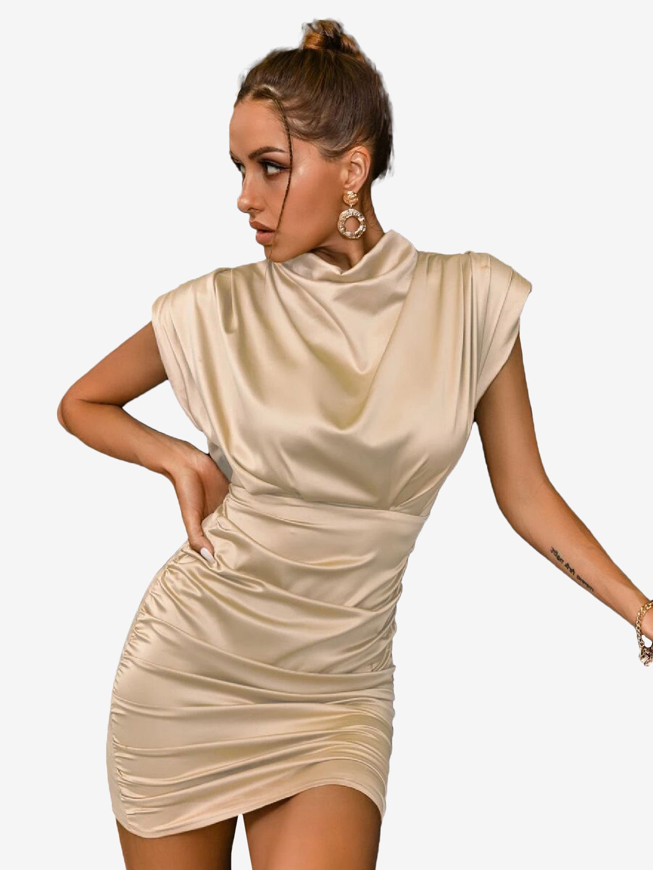 Glamaker Shoulder Pad Ruched Fitted Dress