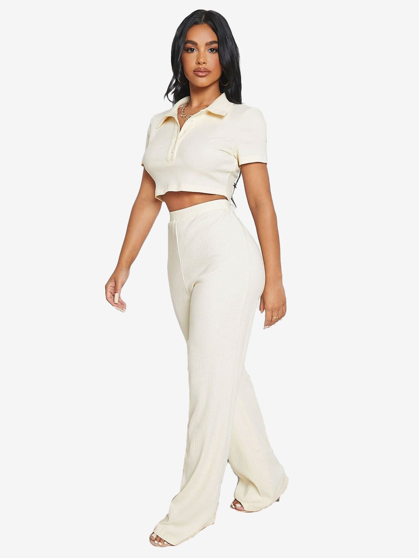 Button Half Placket Rib-knit Crop Top