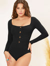 Button Front Backless Square Neck Bodysuit