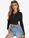Button Half Placket Ribbed Knit Crop Sweater