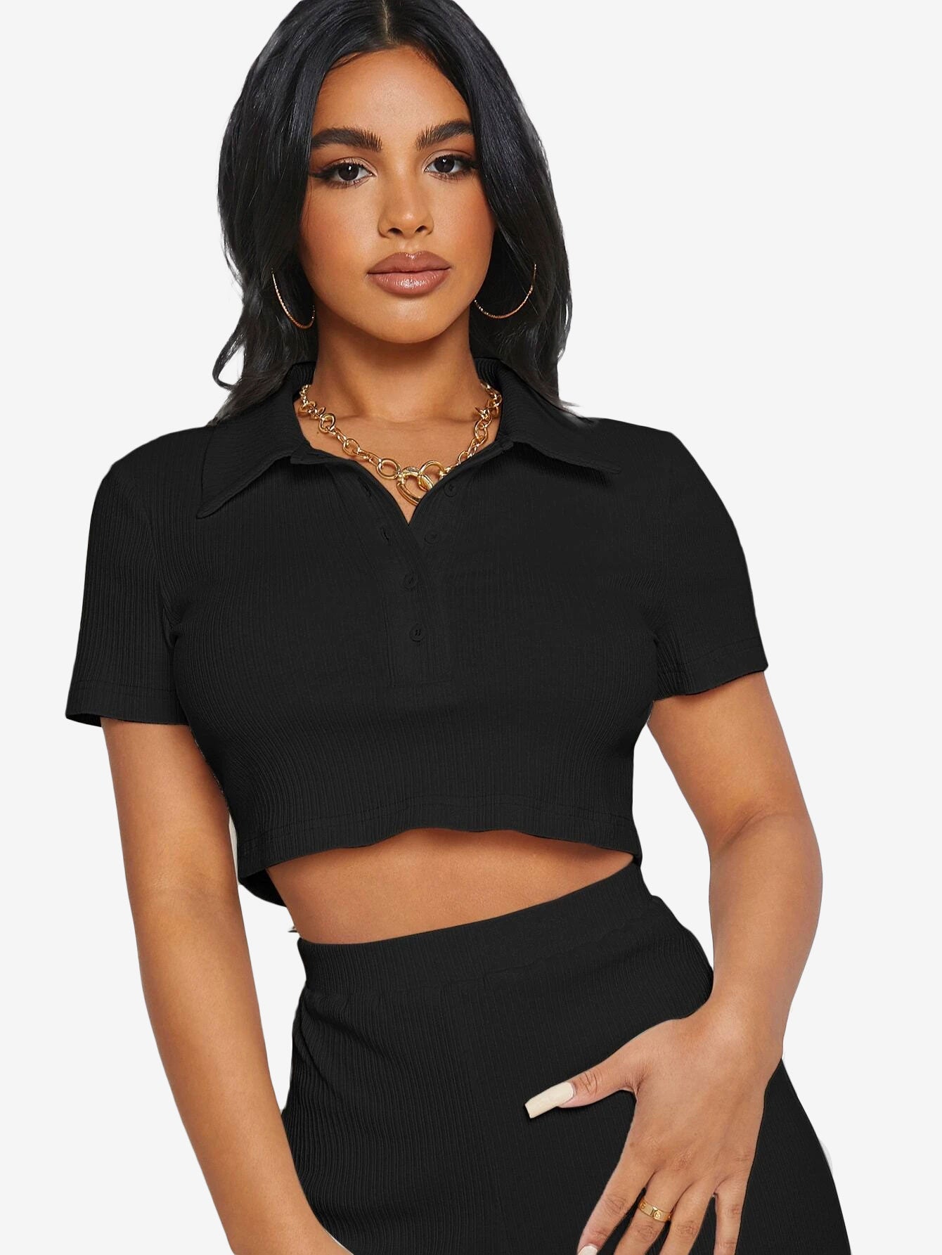 Button Half Placket Rib-knit Crop Top