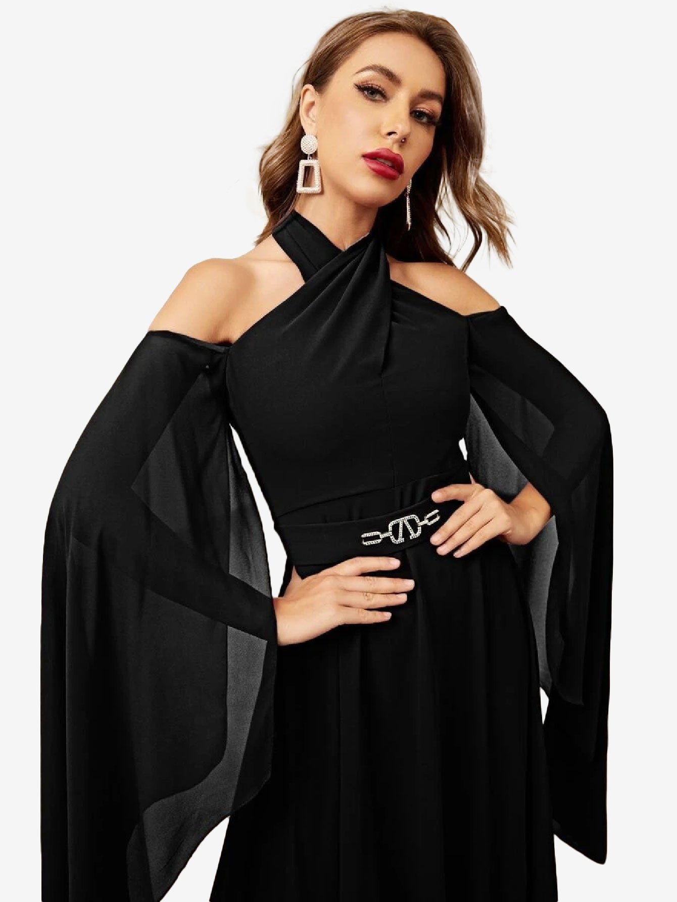 Halterneck Split Sleeve Chiffon A-Line Dress