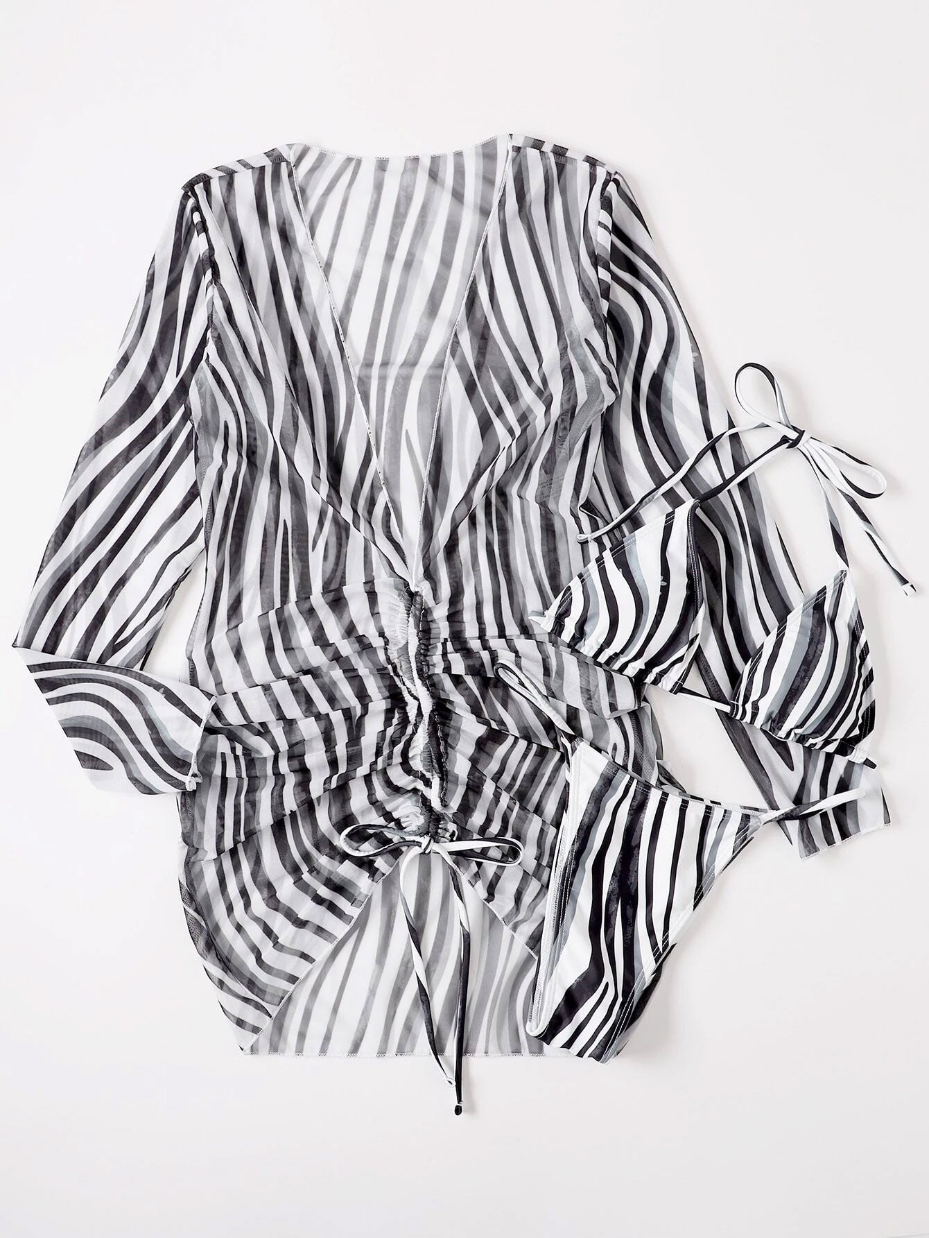 Adorable 3pack Striped Halter Triangle Thong Bikini Swimsuit_Cover Up