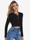 Button Half Placket Ribbed Knit Crop Sweater