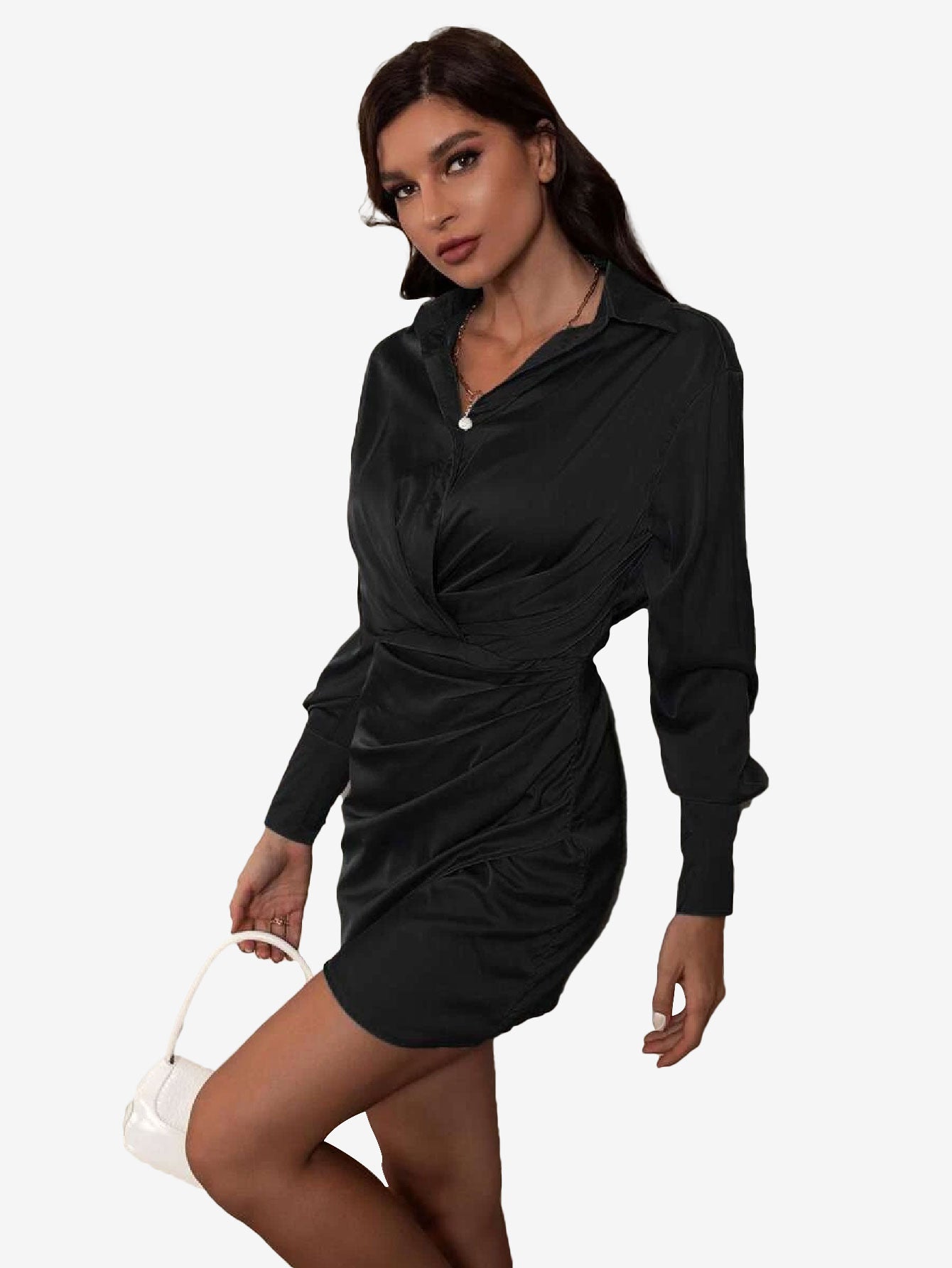 Arouse Ruched Front Tulip Hem Shirt Dress