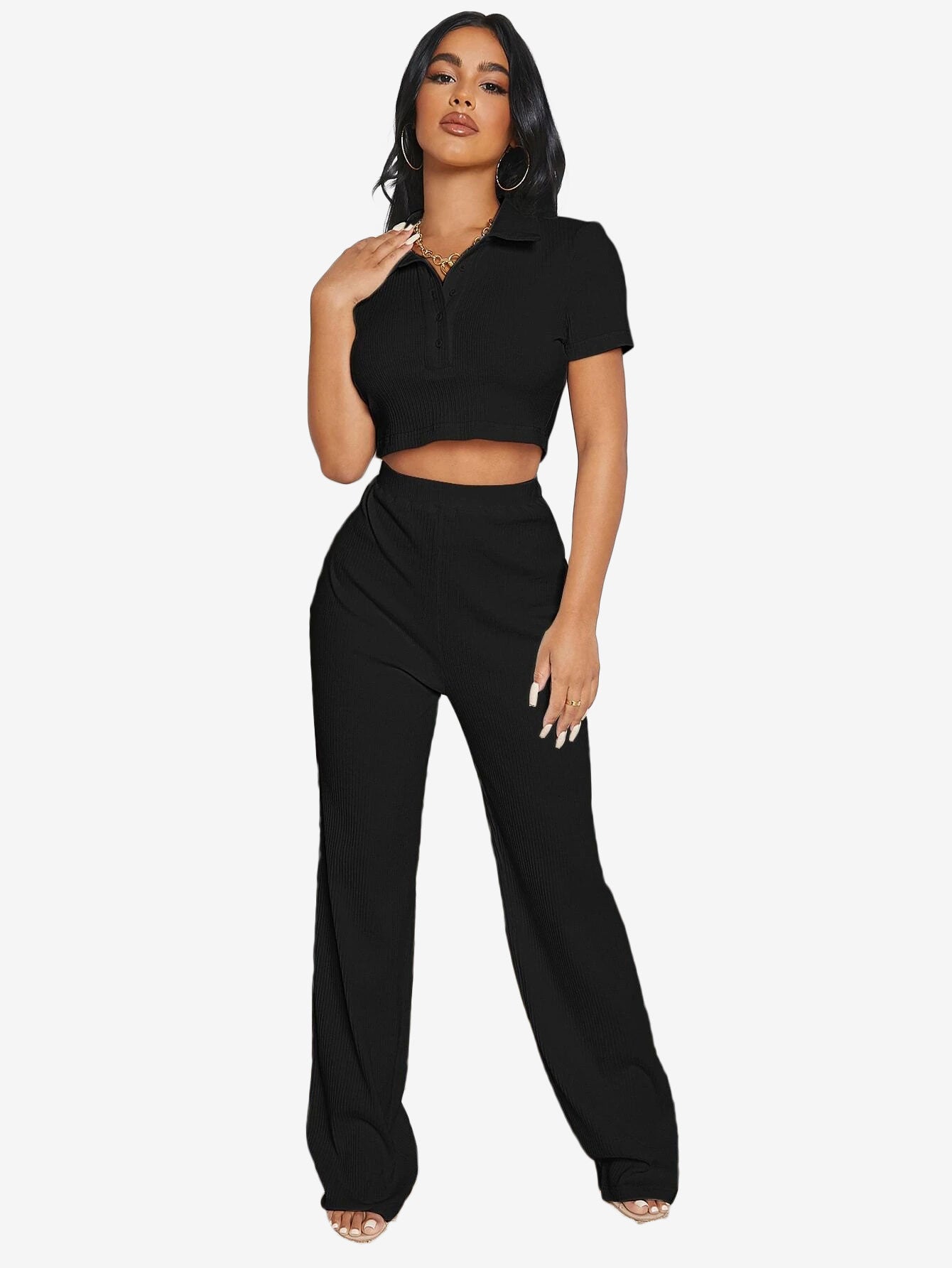 Button Half Placket Rib-knit Crop Top