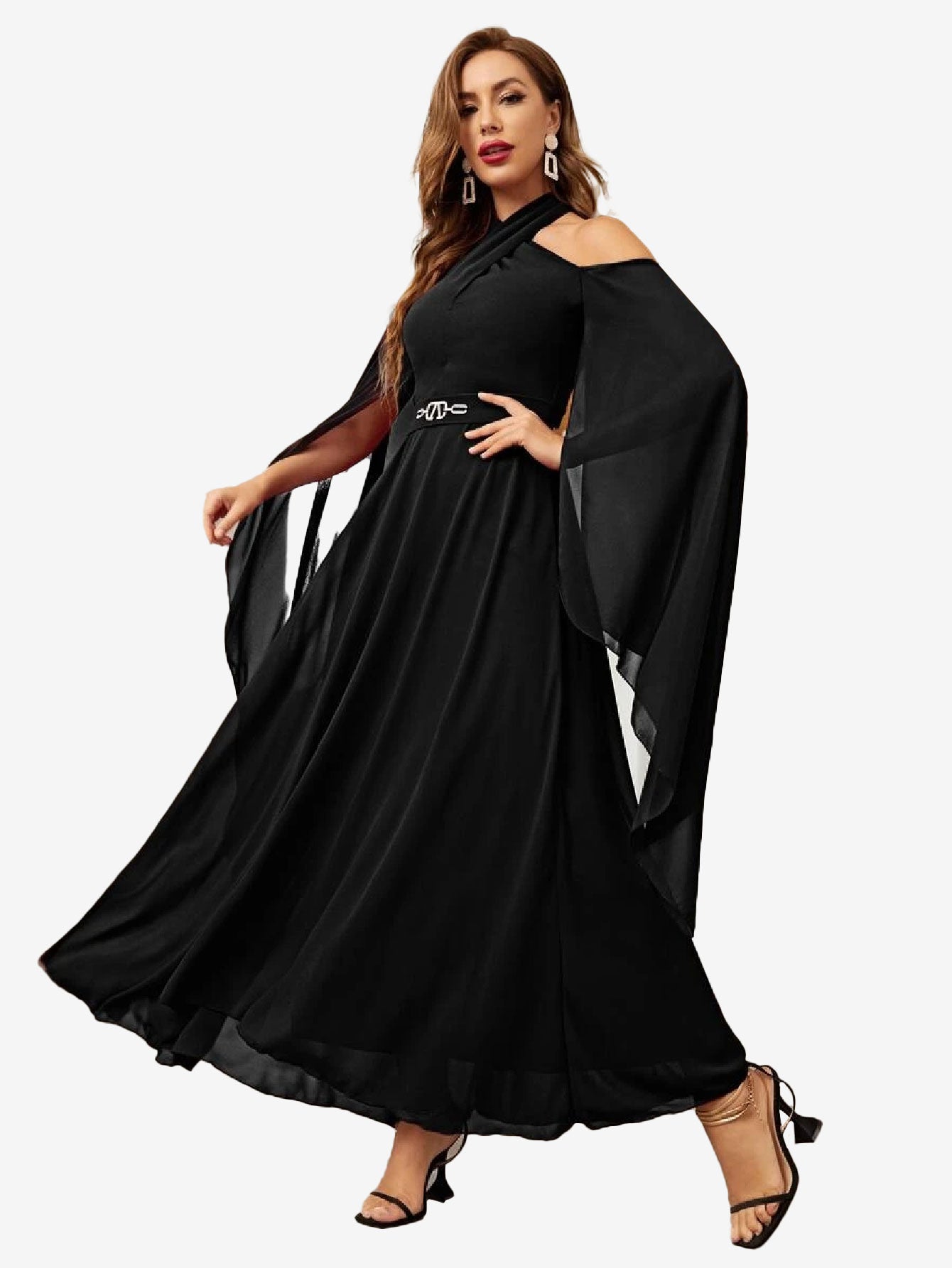 Halterneck Split Sleeve Chiffon A-Line Dress