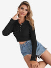 Button Half Placket Ribbed Knit Crop Sweater