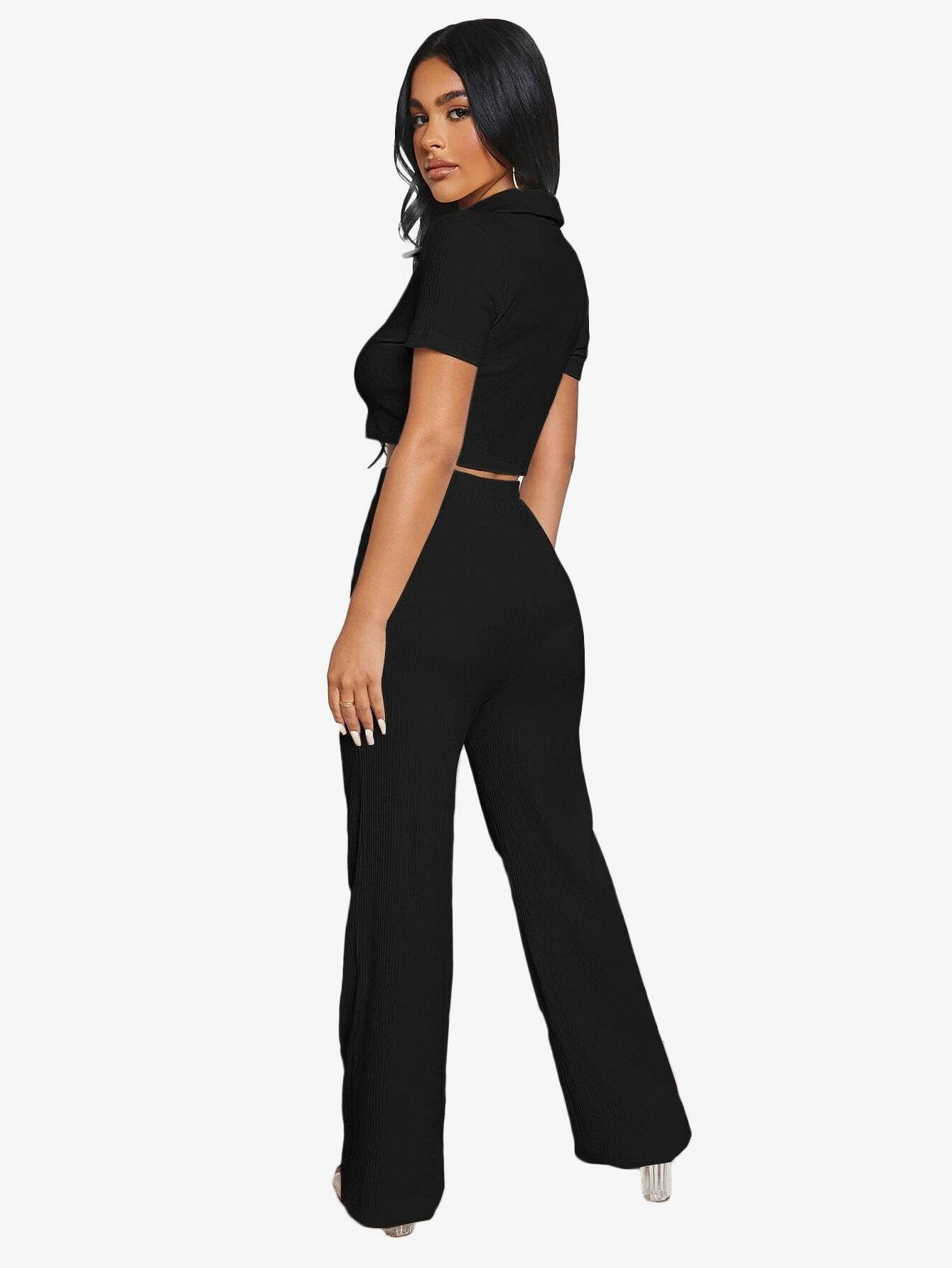 Button Half Placket Rib-knit Crop Top