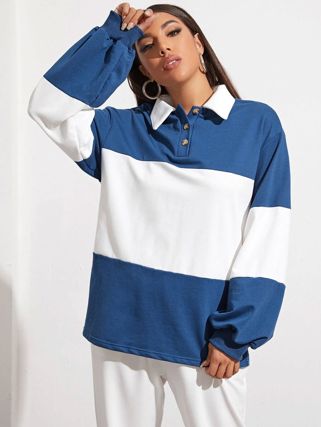 Button Half Placket Colorblock Sweatshirt