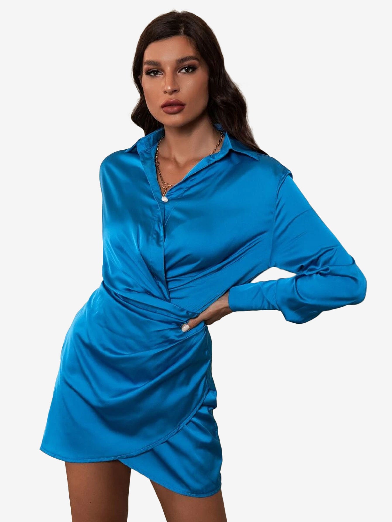 Arouse Ruched Front Tulip Hem Shirt Dress