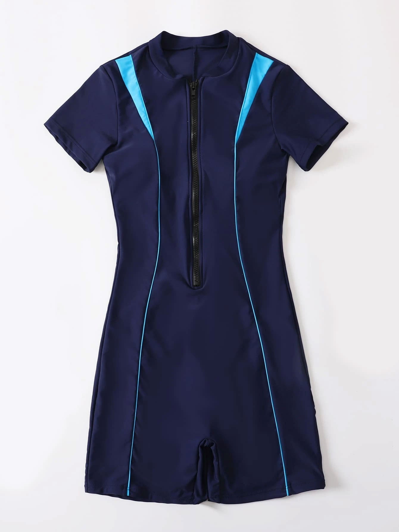 Contrast Binding Zipper Front One Piece Swimsuit