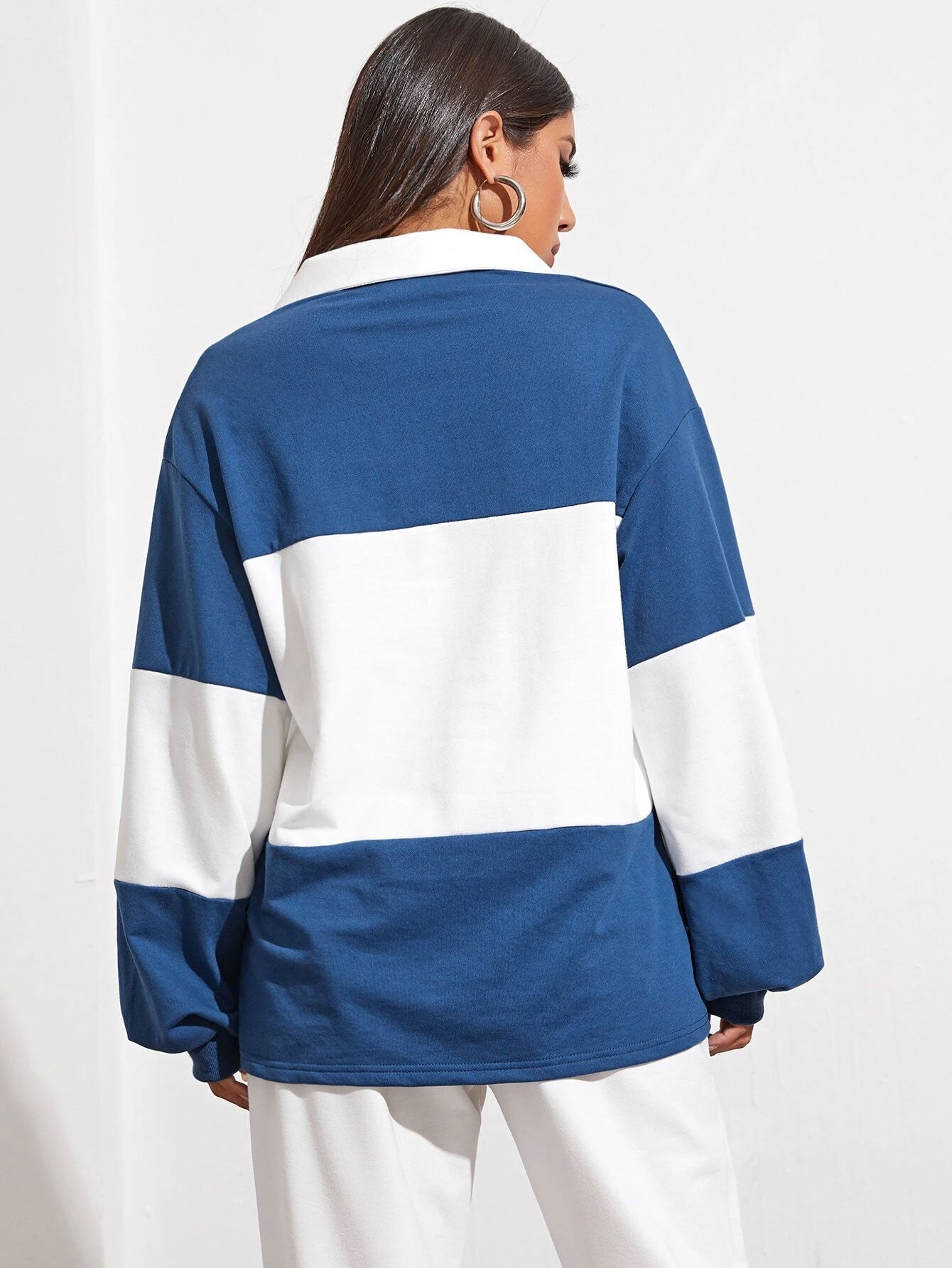 Button Half Placket Colorblock Sweatshirt