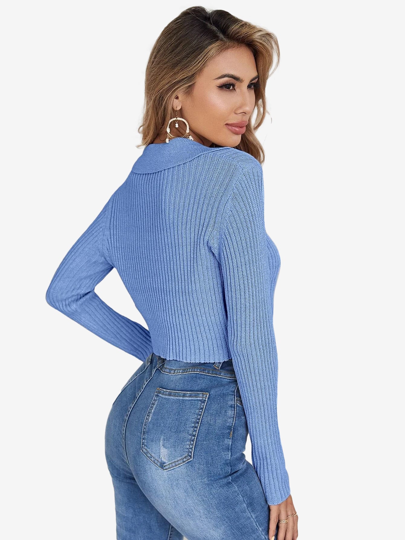 Button Half Placket Ribbed Knit Crop Sweater