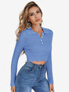 Button Half Placket Ribbed Knit Crop Sweater