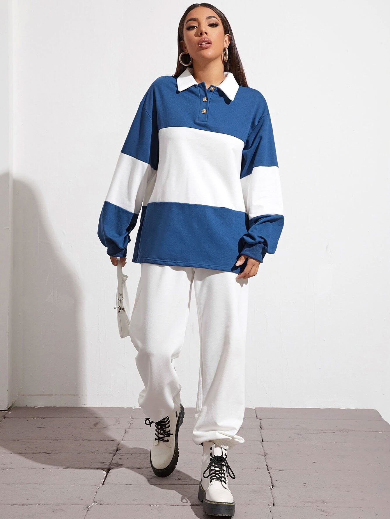 Button Half Placket Colorblock Sweatshirt