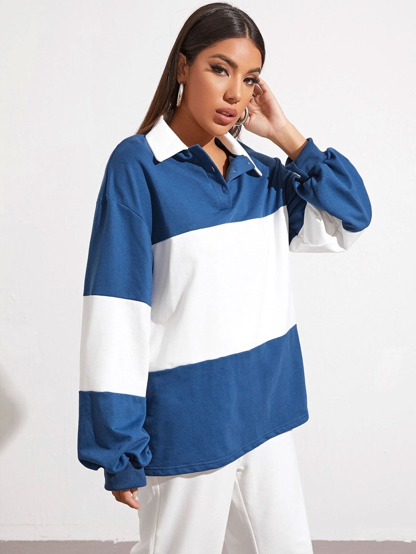 Button Half Placket Colorblock Sweatshirt