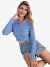 Button Half Placket Ribbed Knit Crop Sweater