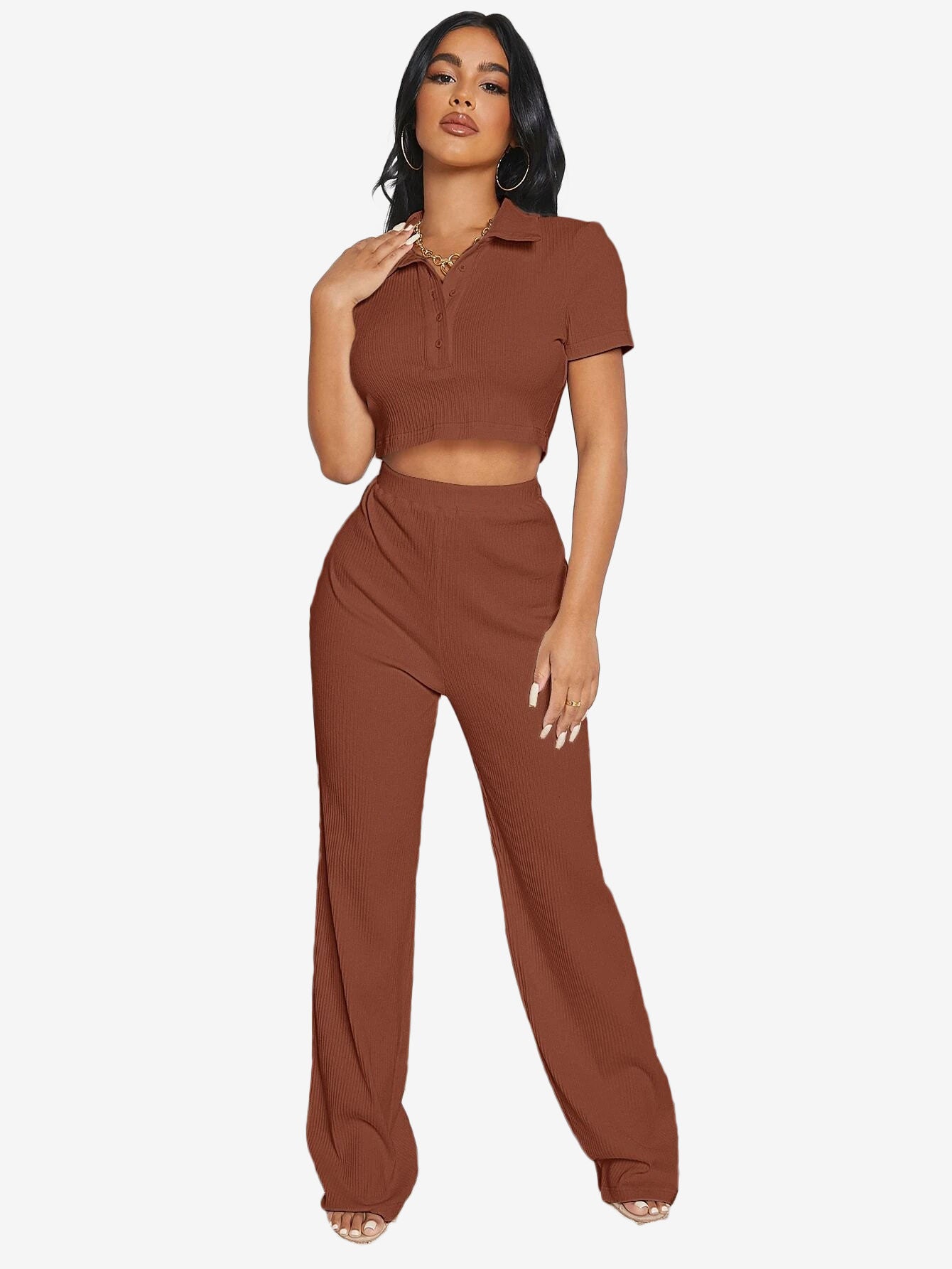 Button Half Placket Rib-knit Crop Top